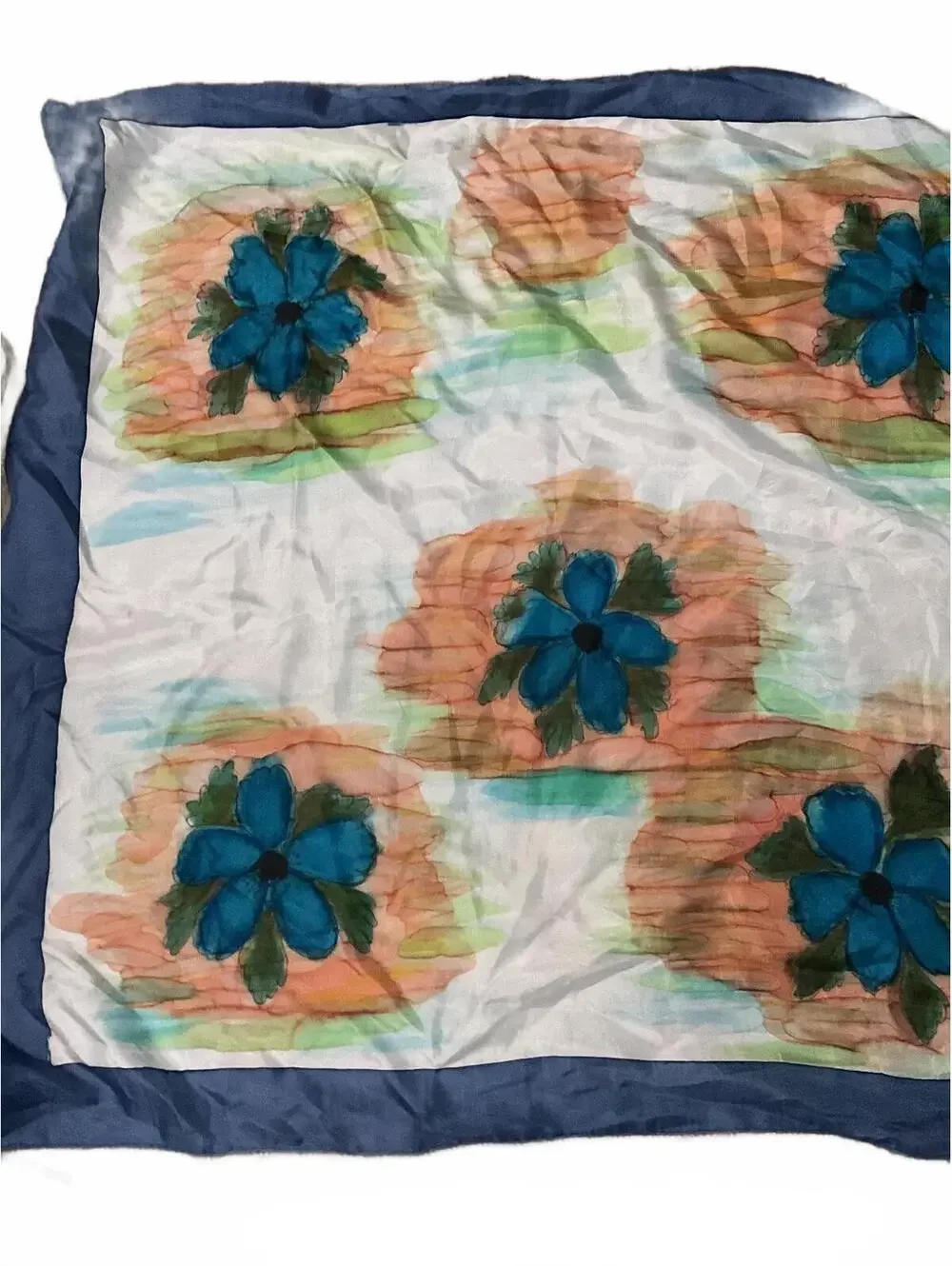 Vintage Blue Floral Silk Scarf with Navy Border Fall